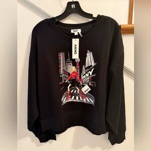 DKNY Black and Red Graphic Sweatshirt with fringe skirt NWT with free gift